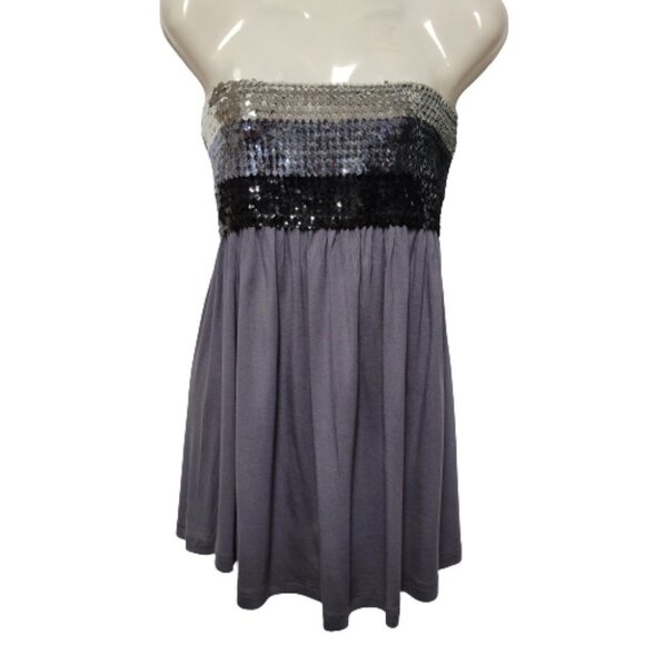 Strapless Silver and Black Sequin Grey Empire Waist Mini Dress Size S - Picture 1 of 10